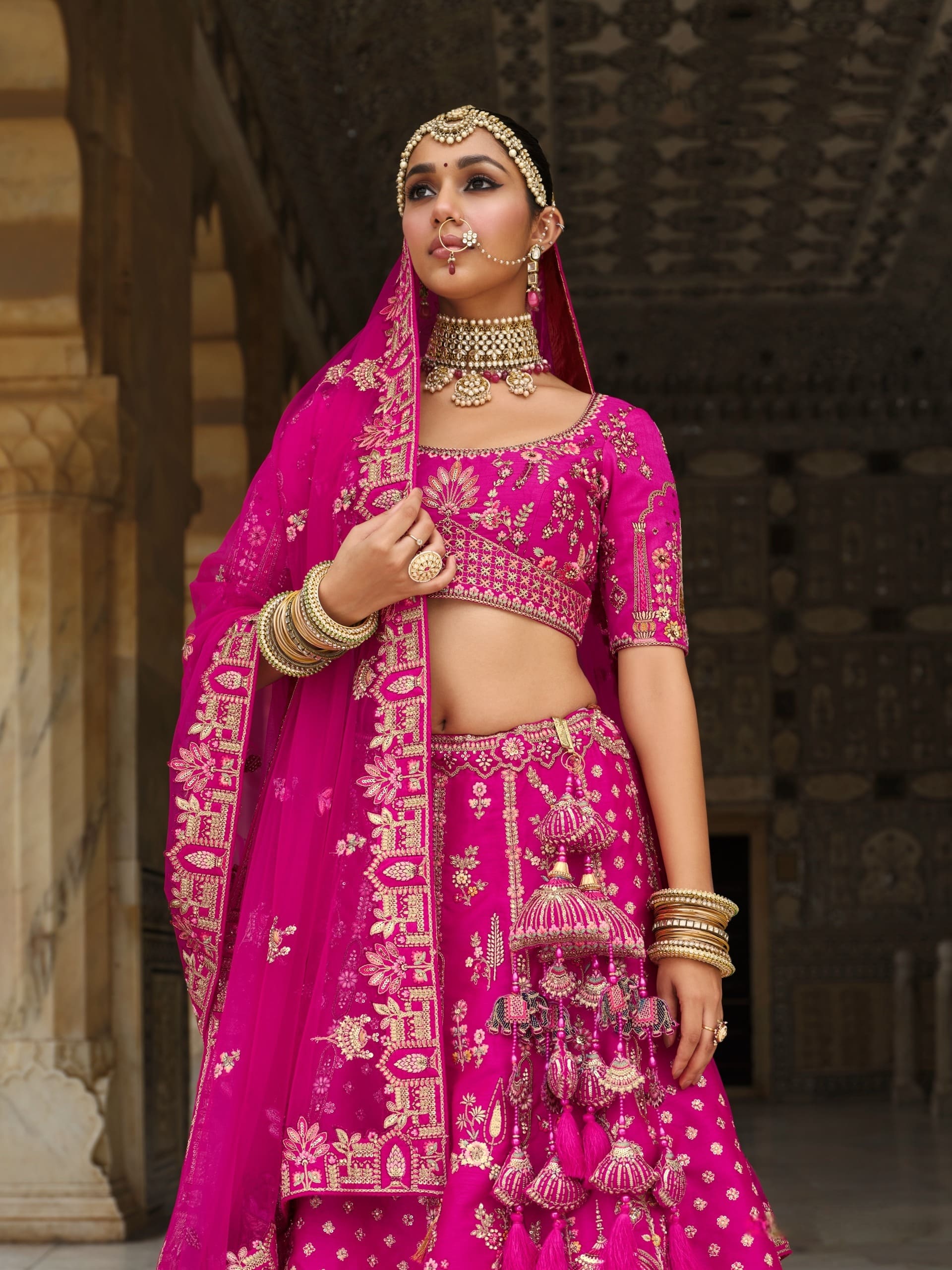 Modern Wedding Lehenga in Pink with Silk Blouse and Net Dupatta
