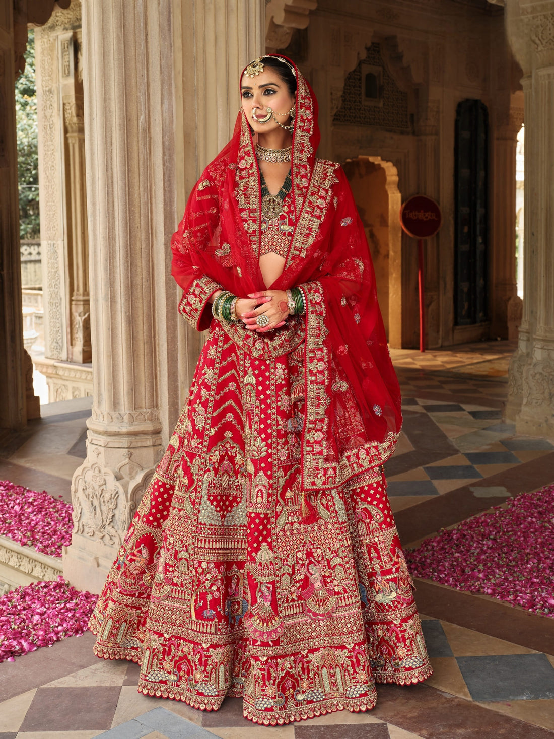 Red Bridal Silk Lehenga with Zari and Resham Embroidery