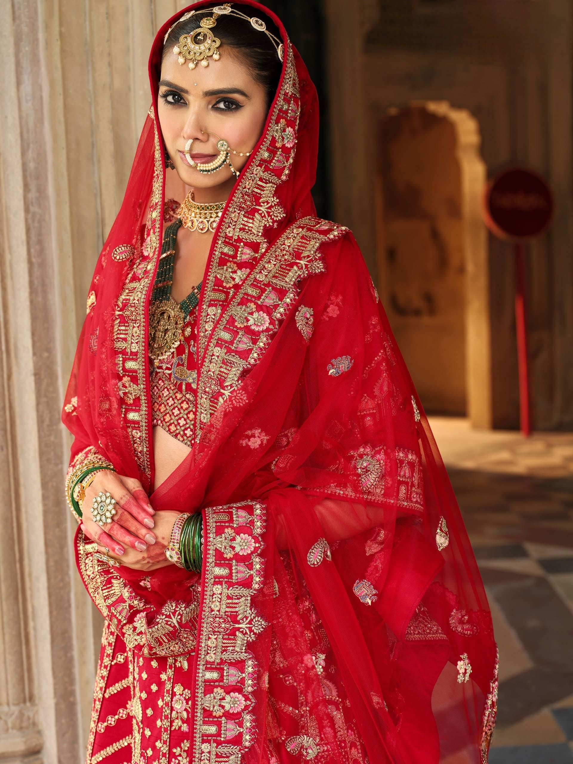 Traditional Red Wedding Lehenga with Net Dupatta