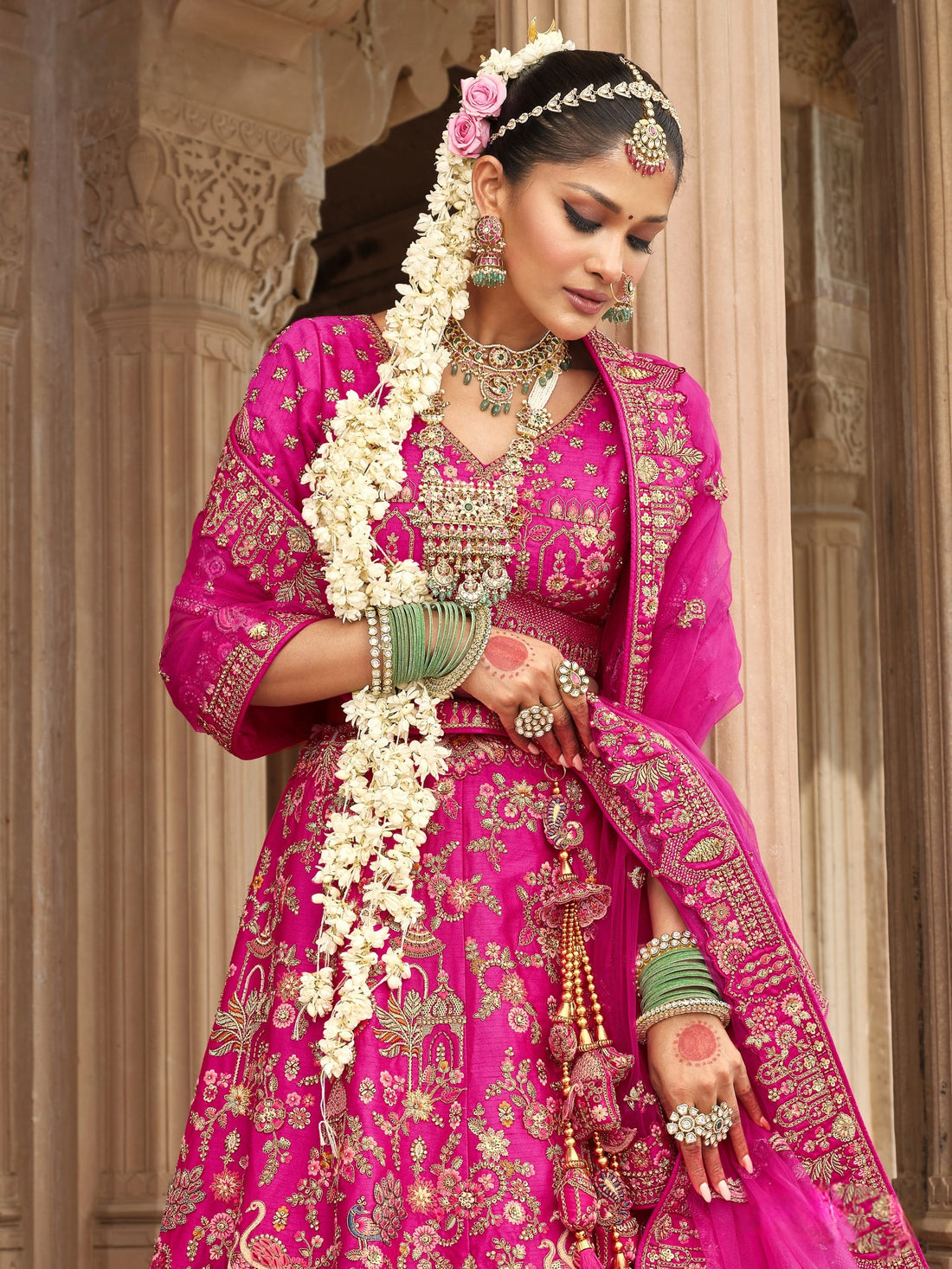 Fuchsia Pink Bridal Silk Lehenga with Heavy Khatli Embroidery