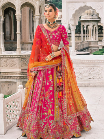 Rani Pink Heavy Embroidery Bridal Lehenga with Cutwork Dupatta