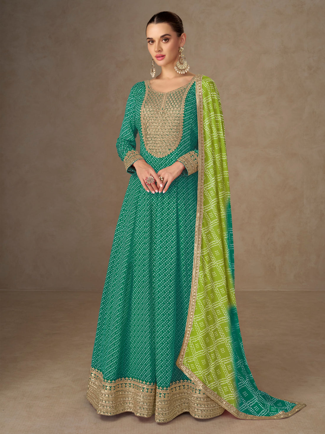 Green embroidered Anarkali suit with dupatta for mehendi
