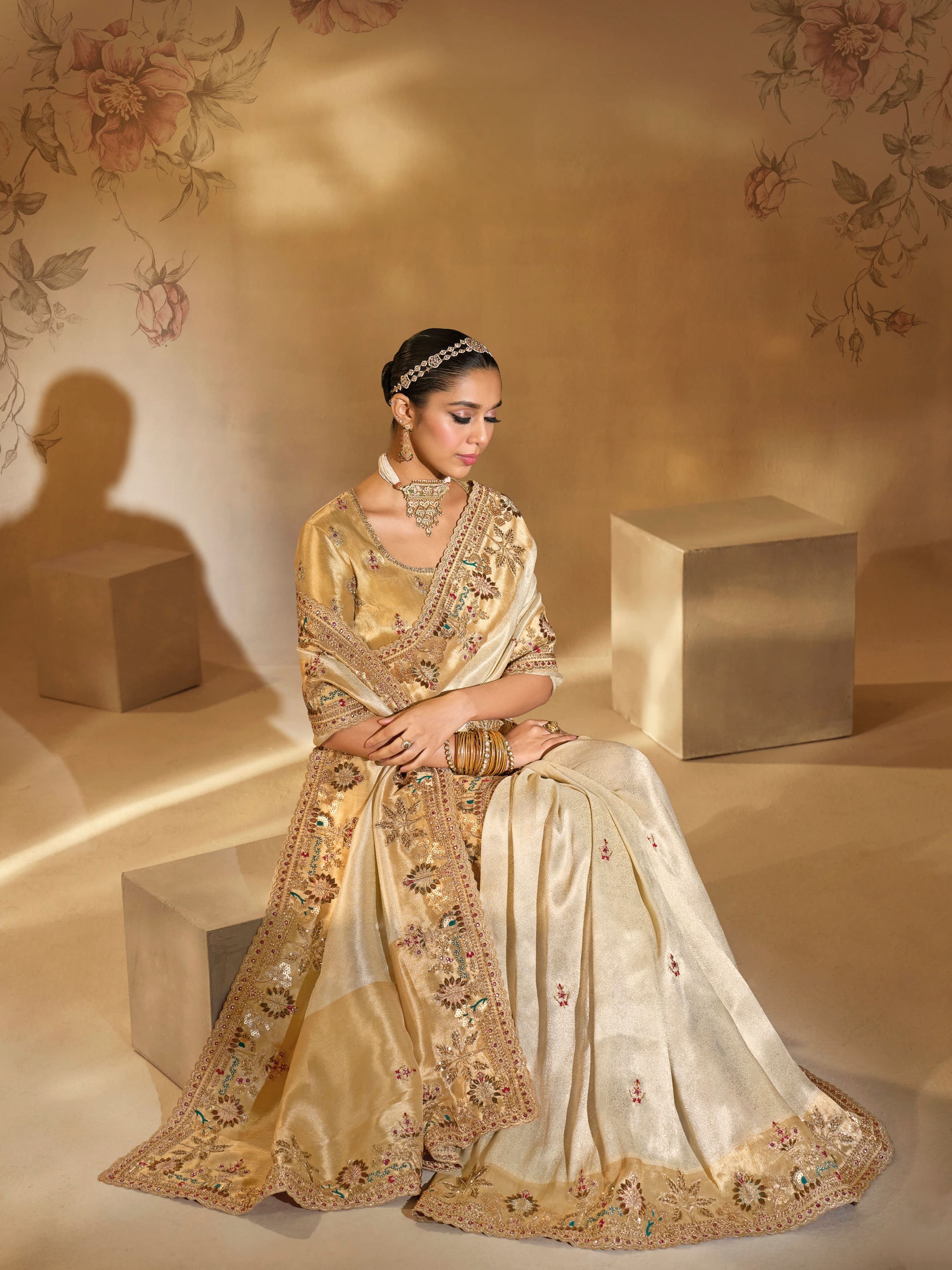 Cream Ziraf Silk Saree with Mirror, Moti & Jardoshi Heavy Work