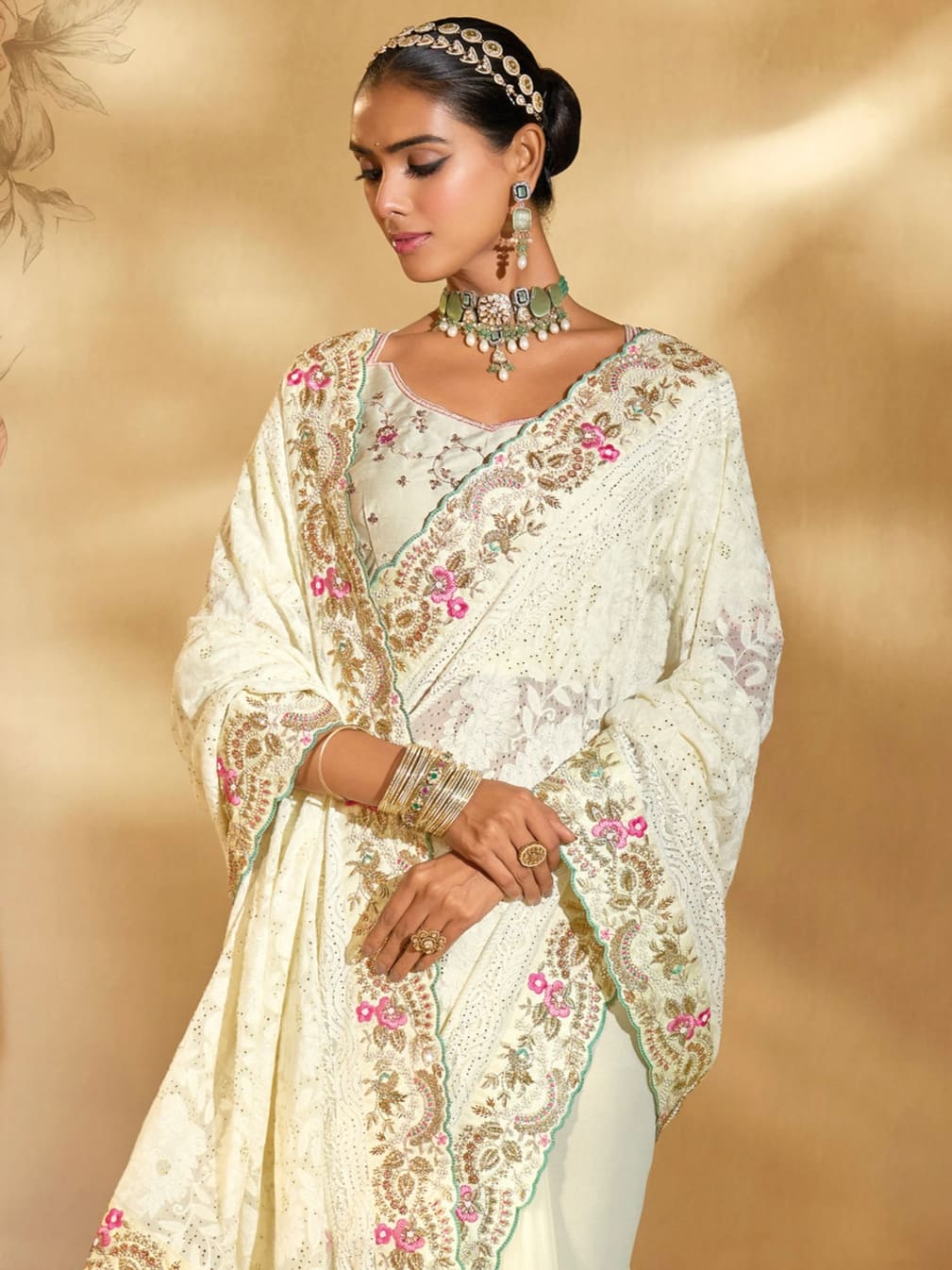 Cream Pure Georgette Saree with Lucknowi, Cut Dana & Heavy Work