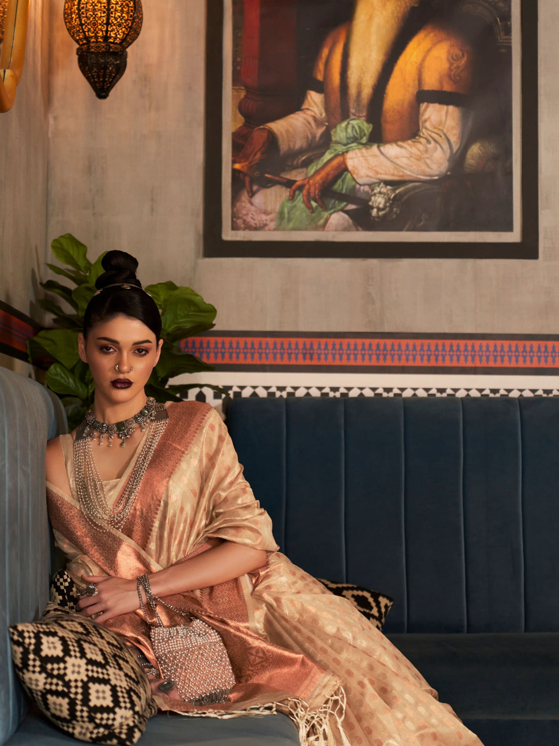 Rose Gold Tissue Saree with Handwoven Copper Zari Design