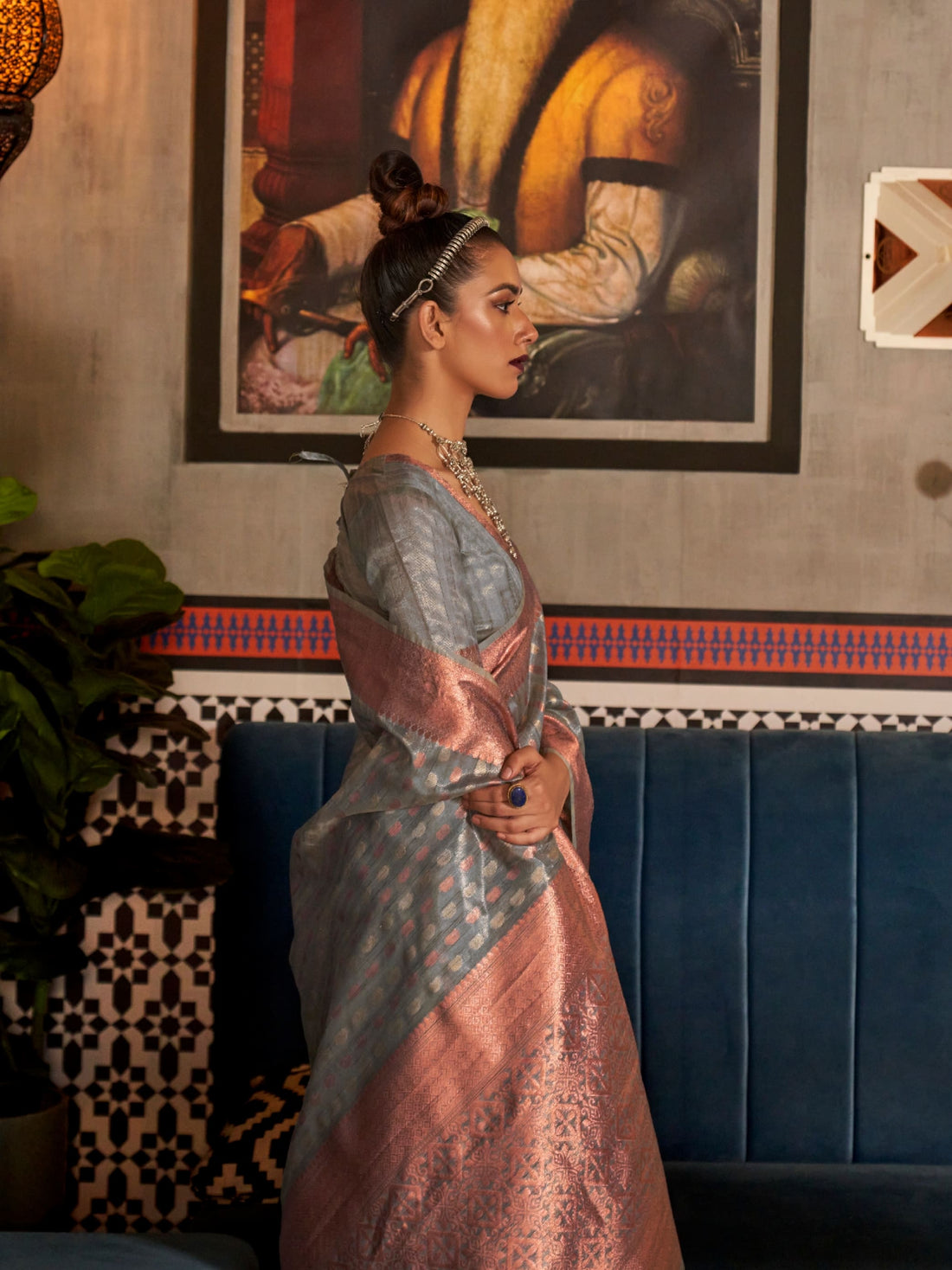 Dusty Blue Tissue Silk Saree with Gold Zari Border