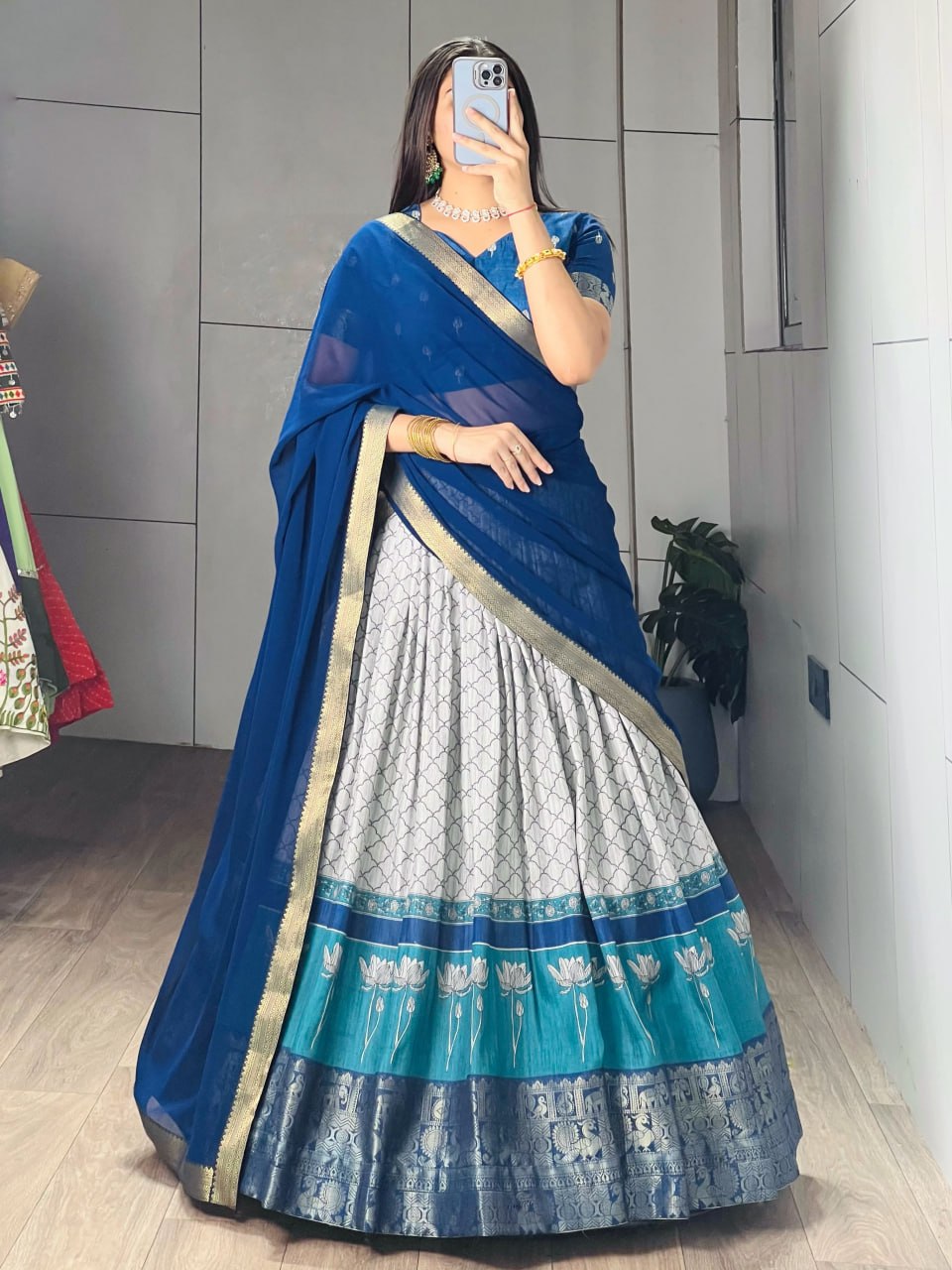 Navy Pure Tussar Khichu Ethnic Print With Silk Weaving Border South Indian Lehenga Choli