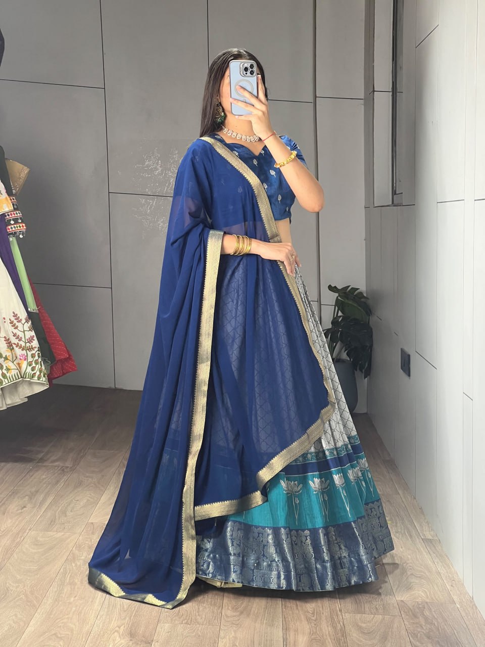 Navy Pure Tussar Khichu Ethnic Print With Silk Weaving Border South Indian Lehenga Choli