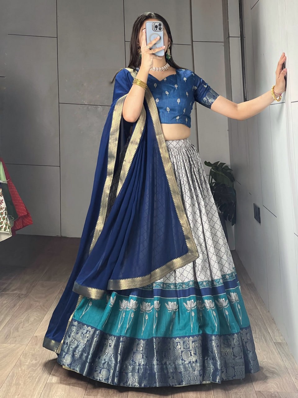 Navy Pure Tussar Khichu Ethnic Print With Silk Weaving Border South Indian Lehenga Choli