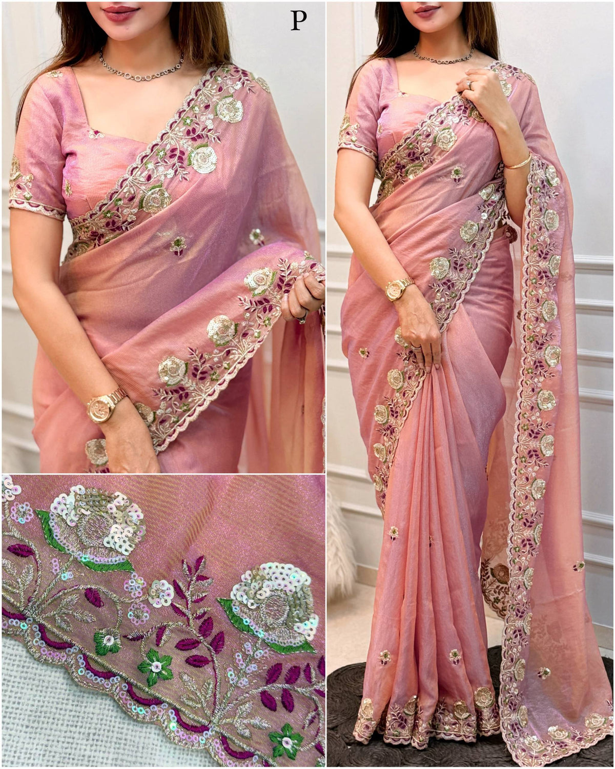 Pink Pure Soft Valetino Silk Thread Embroidered With Sequins work Saree