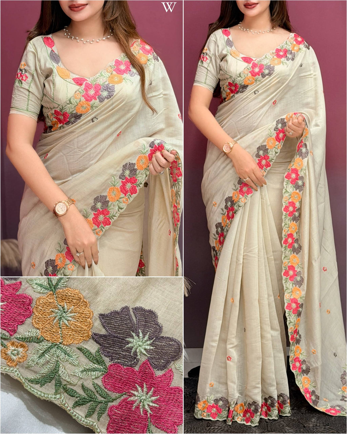 White Pure Coral Chiffon Multi Thread Kashmiri Style Chiffon Saree