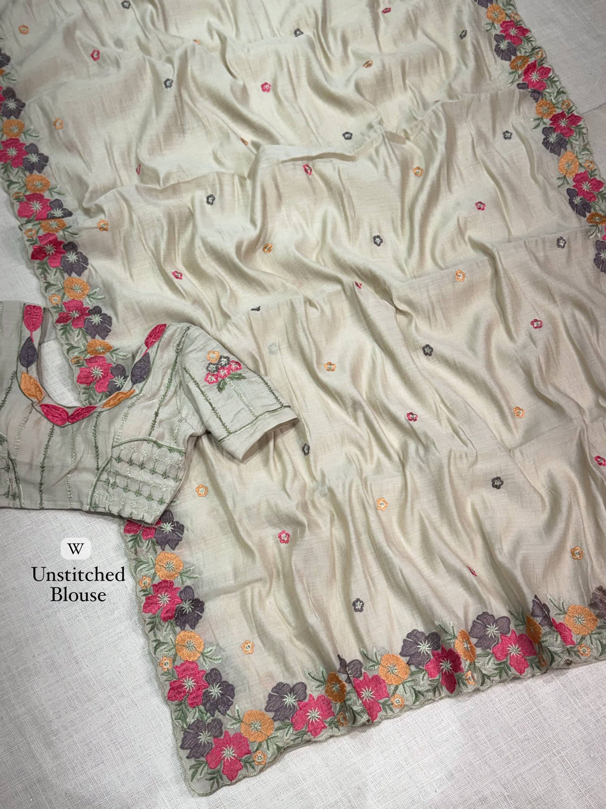 White Pure Coral Chiffon Multi Thread Kashmiri Style Chiffon Saree
