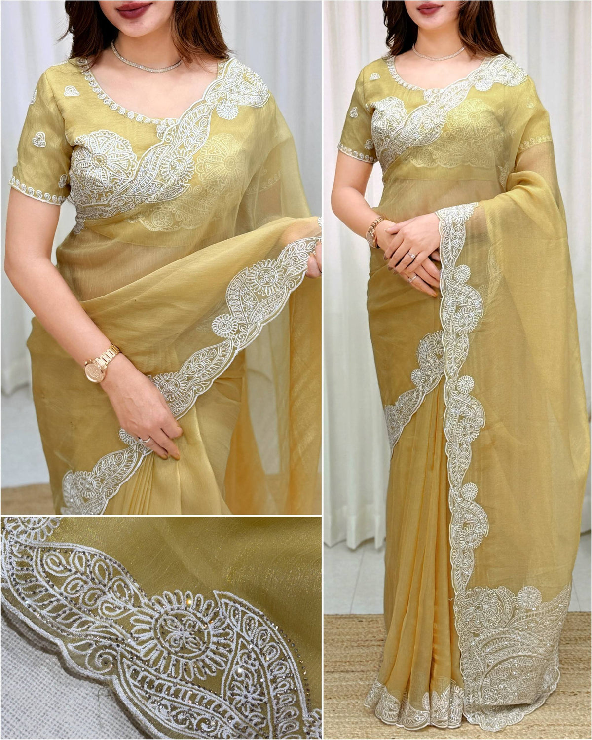 Mustard Soft Celebrity Silk Thread Embroidery Work Saree