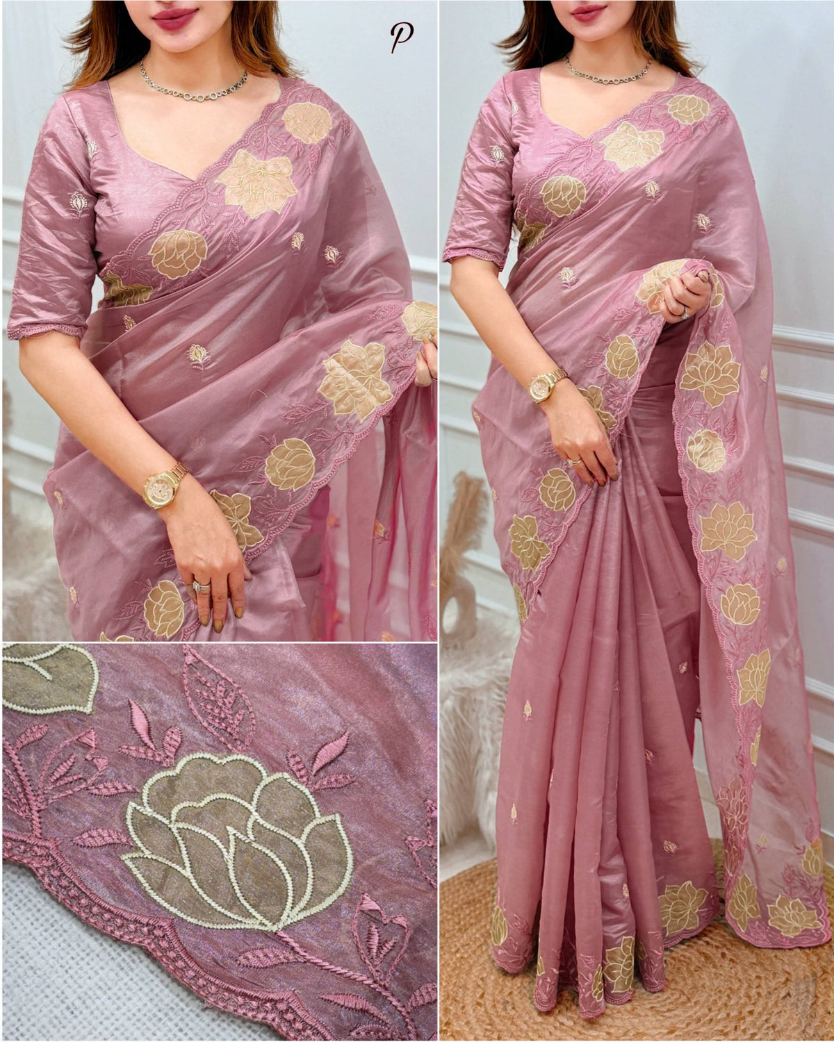 Pink Pure Soft Rasberry Silk Embroidery Work Saree