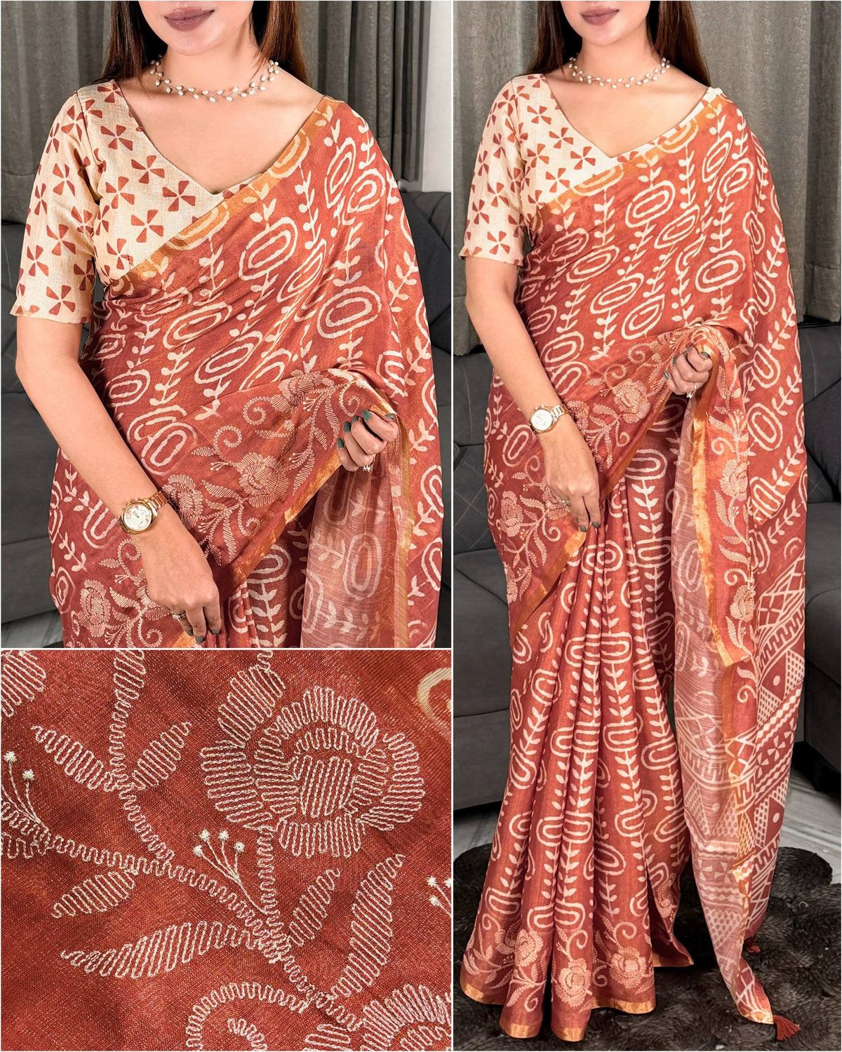 Rust Orange Pure Soft Erode Silk Thread Embroidered Work Saree