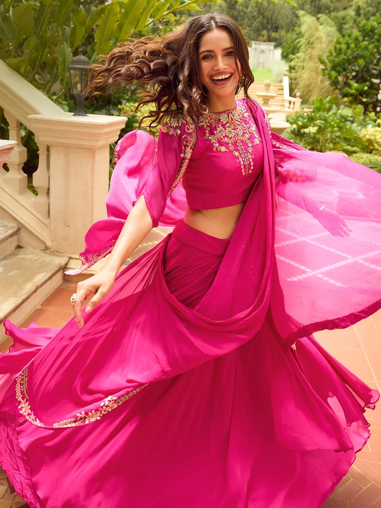 Pink Indo-Western Embroidered Jacket Style Lehenga Set