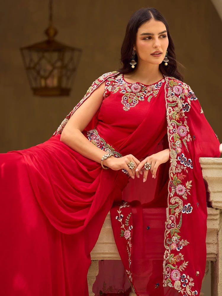Red Indo-Western Embroidered Jacket Style Lehenga Set