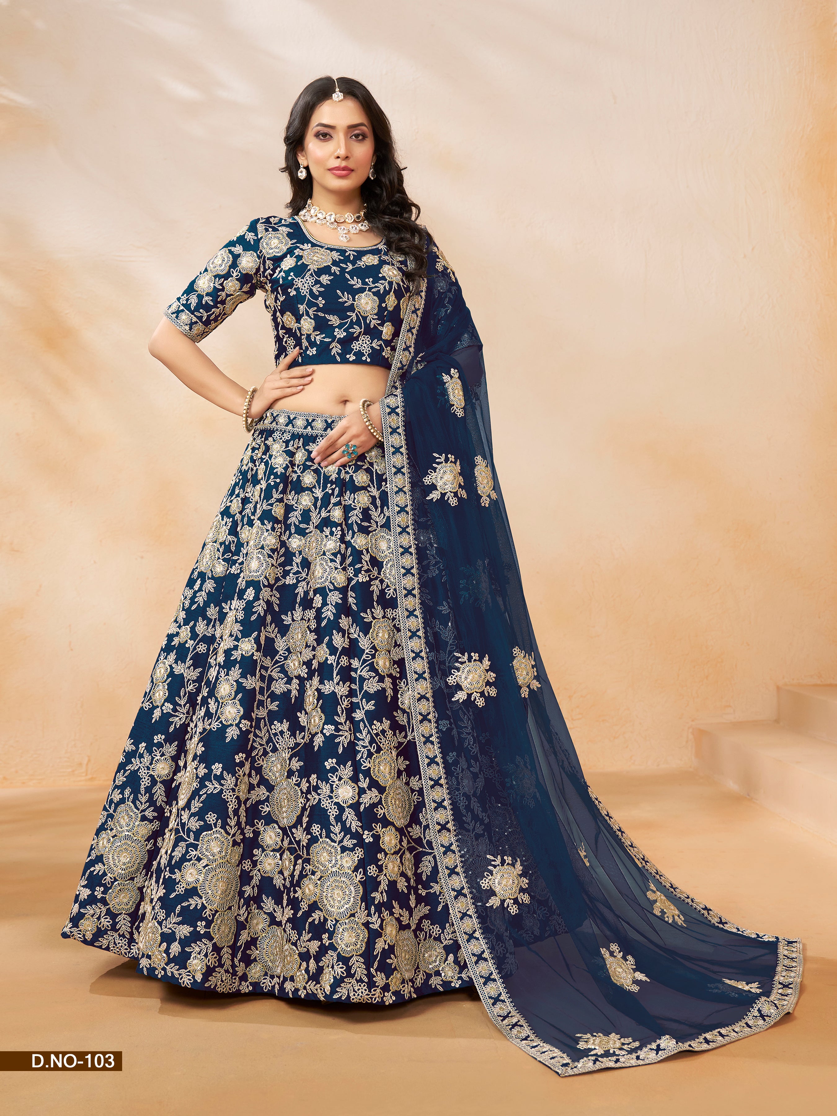 Blue Pure Soft Art Silk Heavy Embroidery Work Bridal Lehenga