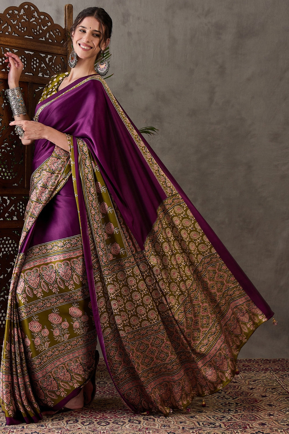Berry Purple Pure Soft Modal Satin Ajrakh Print Satin Saree Japan Satin Saree Anant Tex Exports Pvt.Ltd..