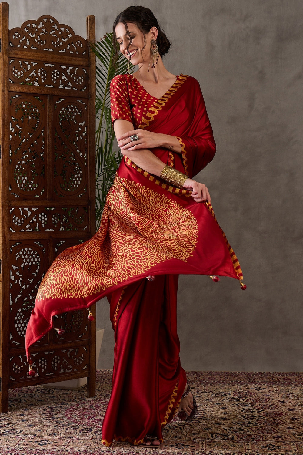 Red Pure Gaji Silk Satin Printed Saree