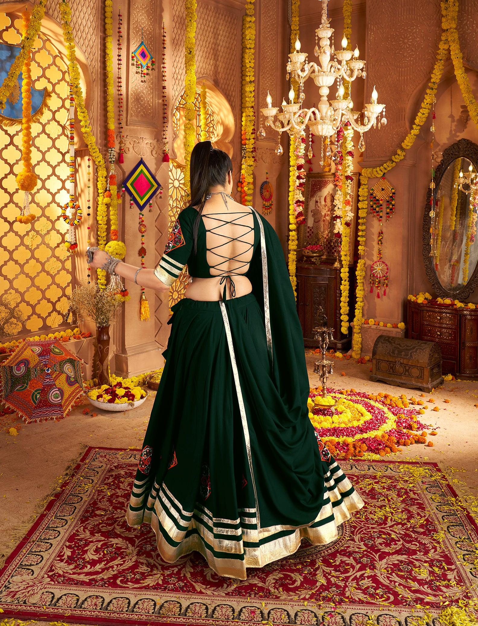 Latest green chaniya choli for festive and cultural functions abroad