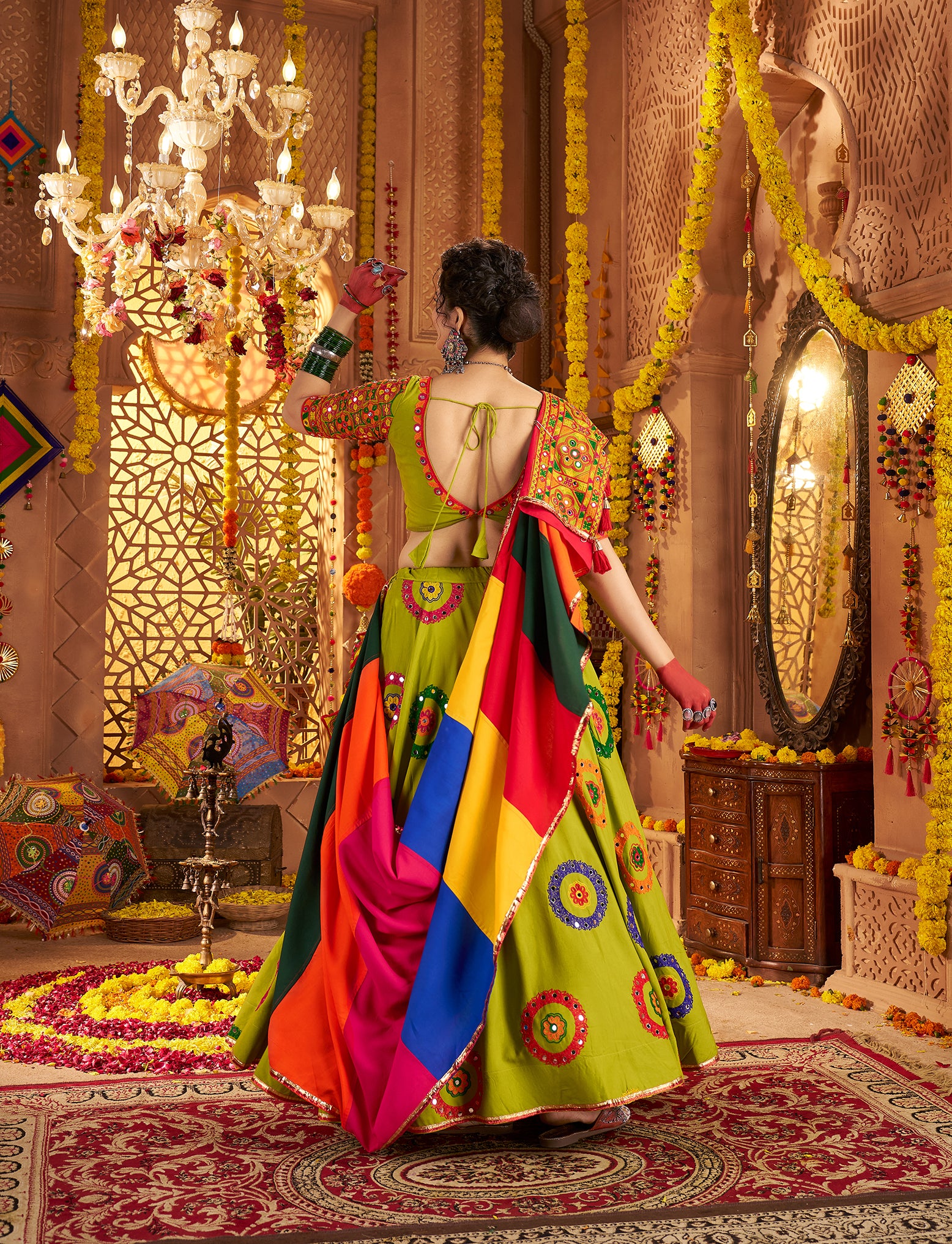 Fancy green chaniya choli set with heavy mirror embroidery