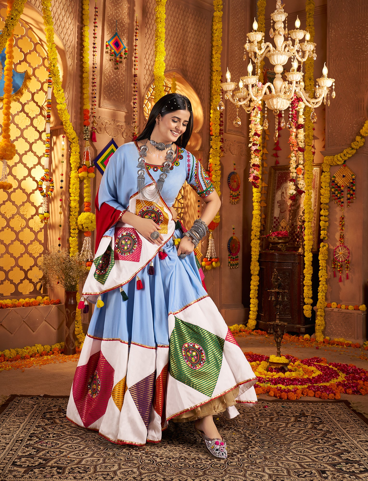 Blue mirror work chaniya choli for Navratri garba night