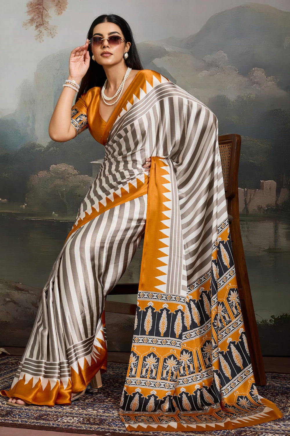 White and Yellow Pure Ajrakh Printed Satin Crepe Silk Saree