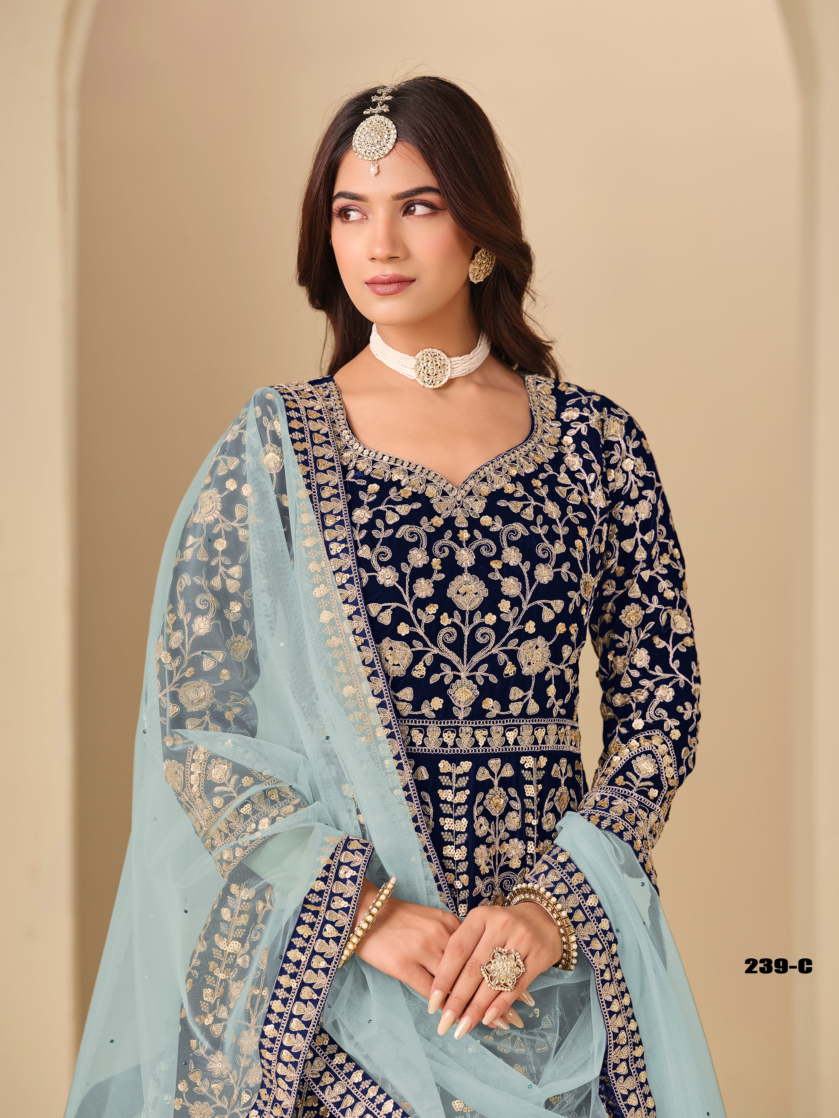 Blue Pure Soft 9000 Velvet Heavy Embroidery Work Long Anarkali Gown