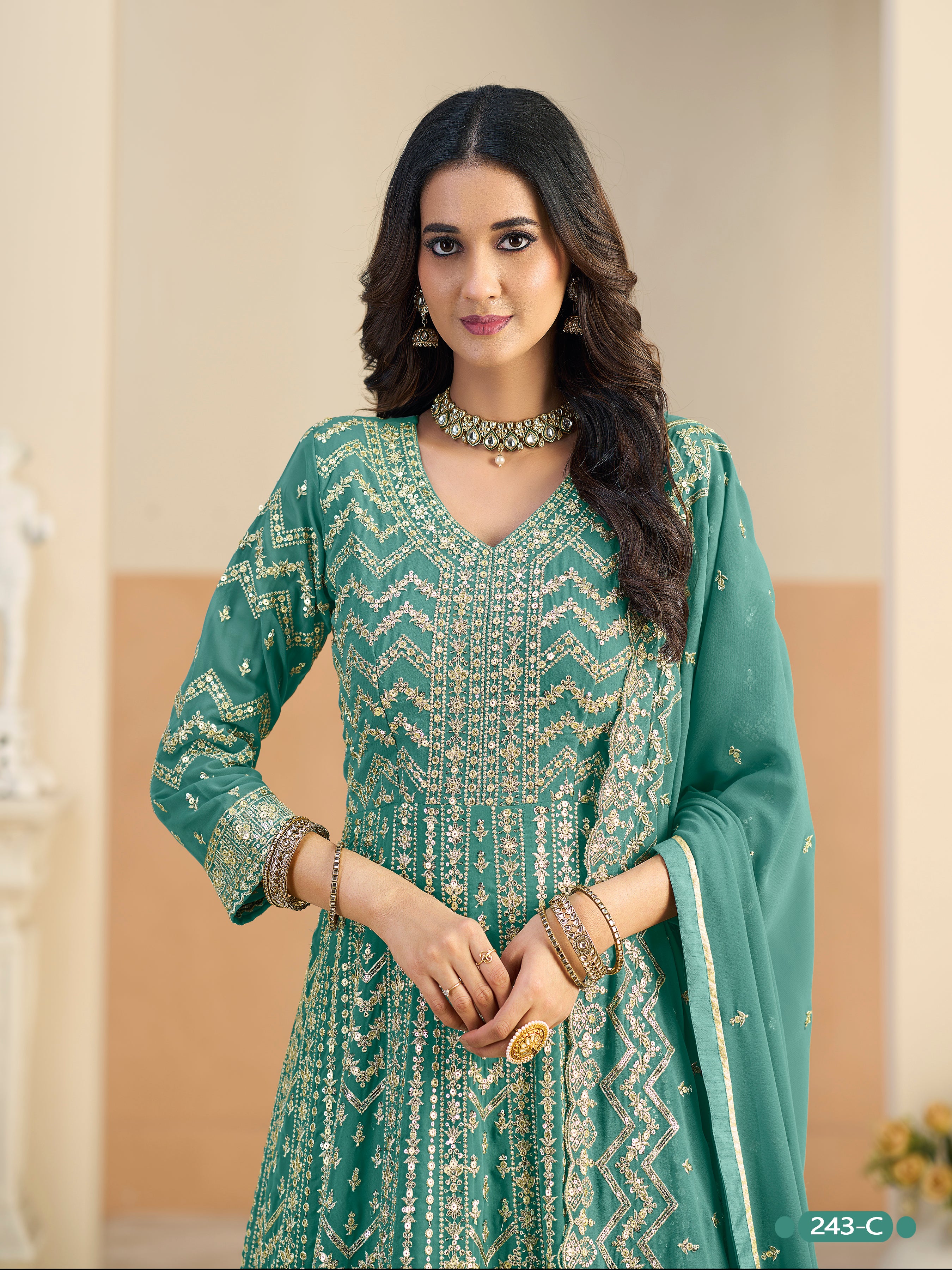 Pastle Teal Pure Soft Faux Georgette Heavy Embroidery Work Long Anarkali Gown