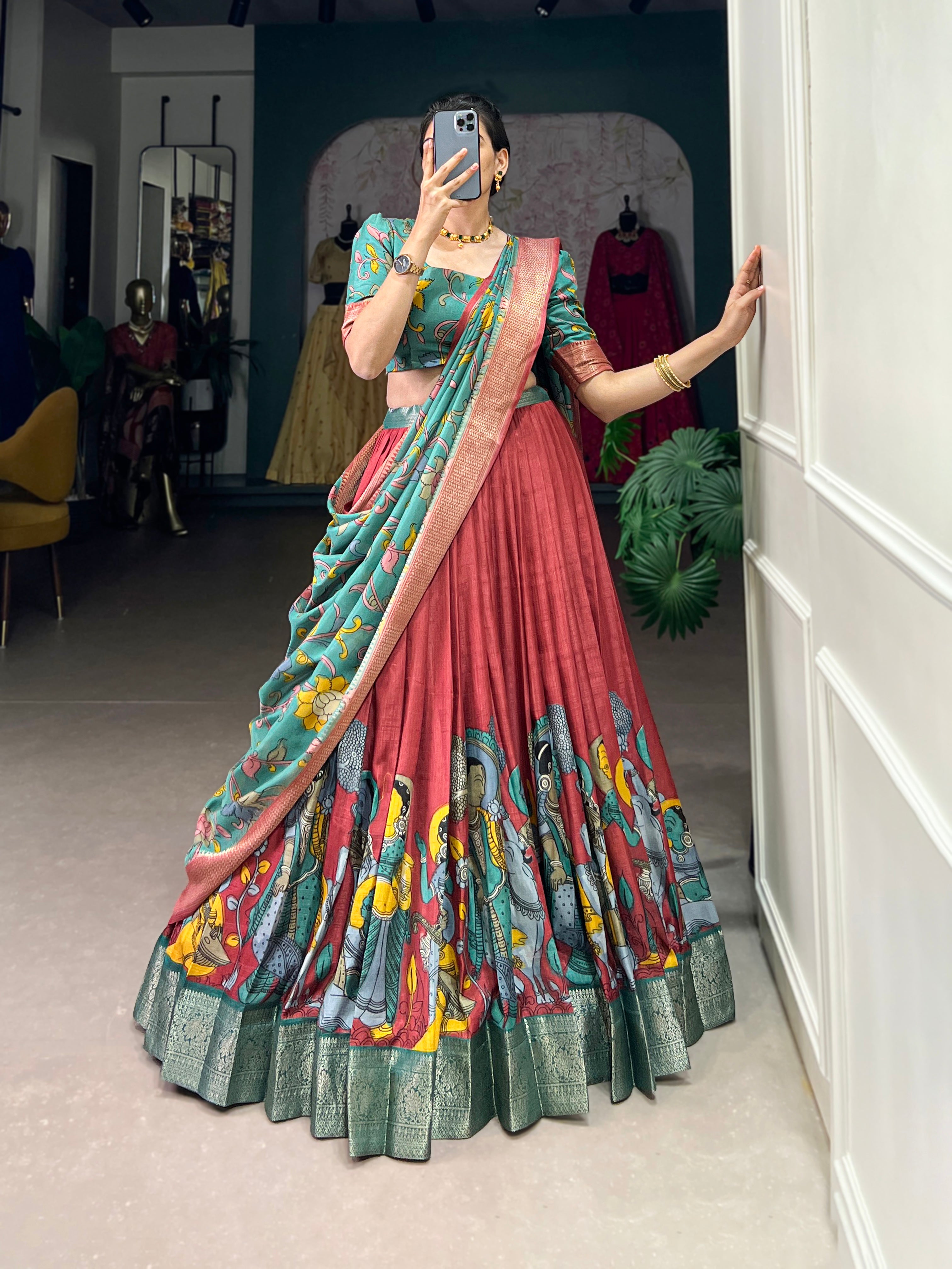 Firozi Pure Dola Silk Kalamkari Print Lehenga Choli