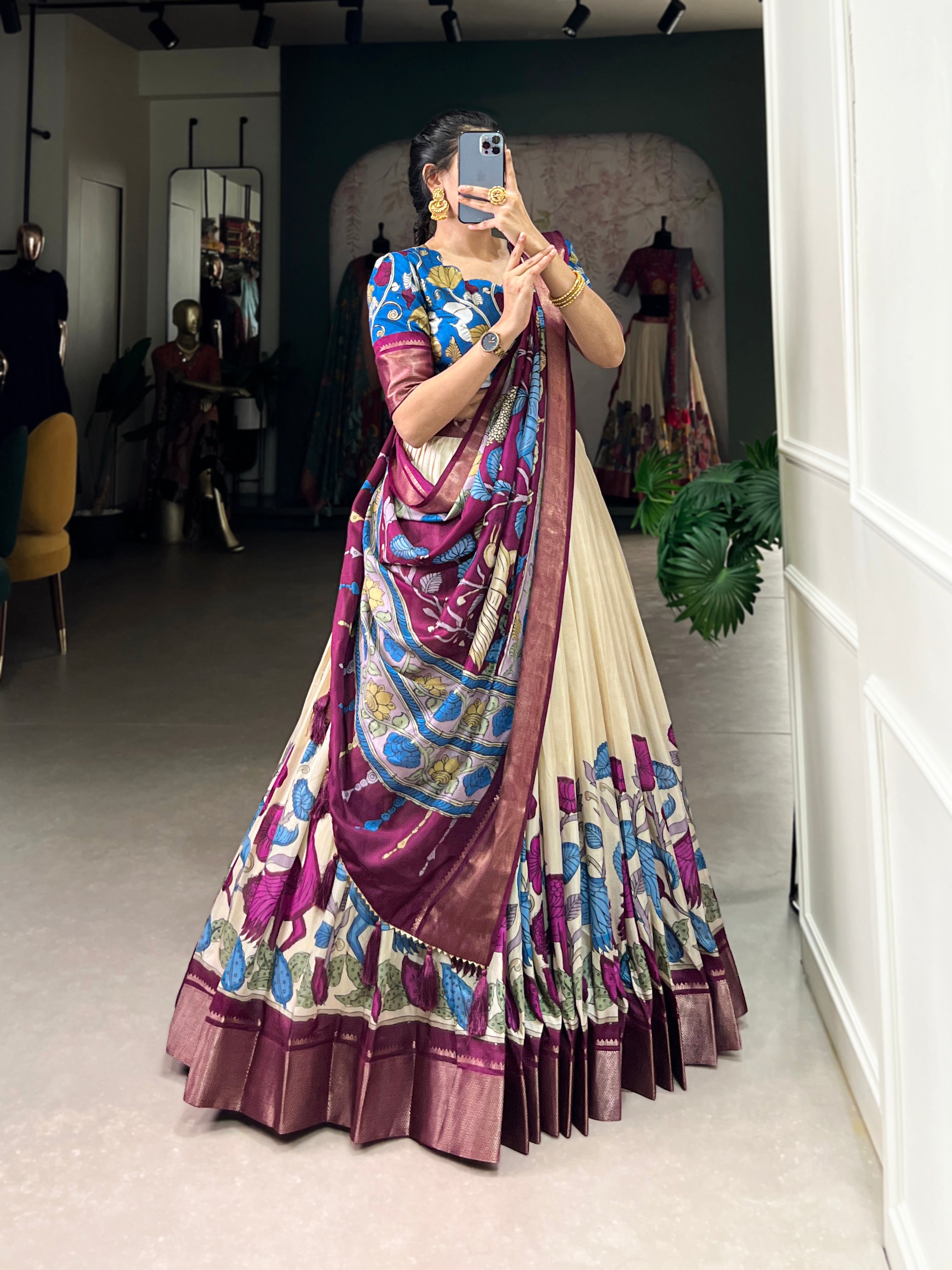 Off White Pure Dola Silk Floral Print Lehenga Choli