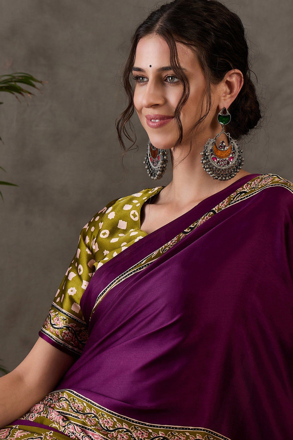 Berry Purple Pure Soft Modal Satin Ajrakh Print Satin Saree Japan Satin Saree Anant Tex Exports Pvt.Ltd..