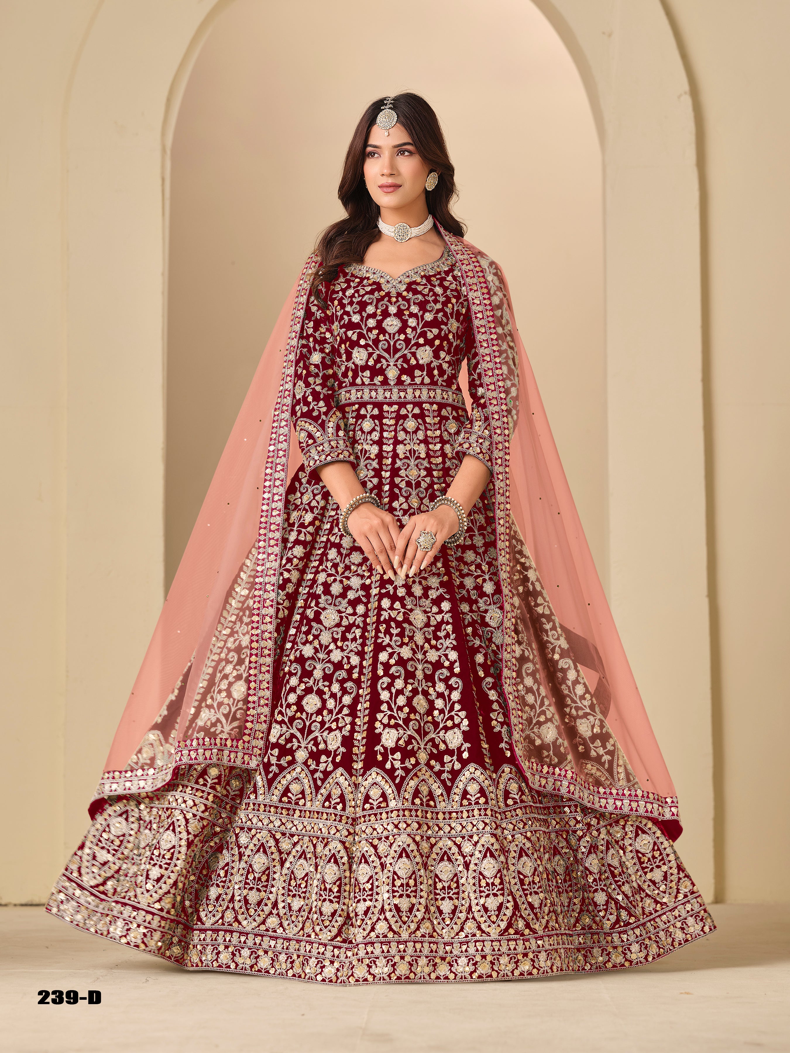Red Pure Soft 9000 Velvet Heavy Embroidery Work Long Anarkali Gown