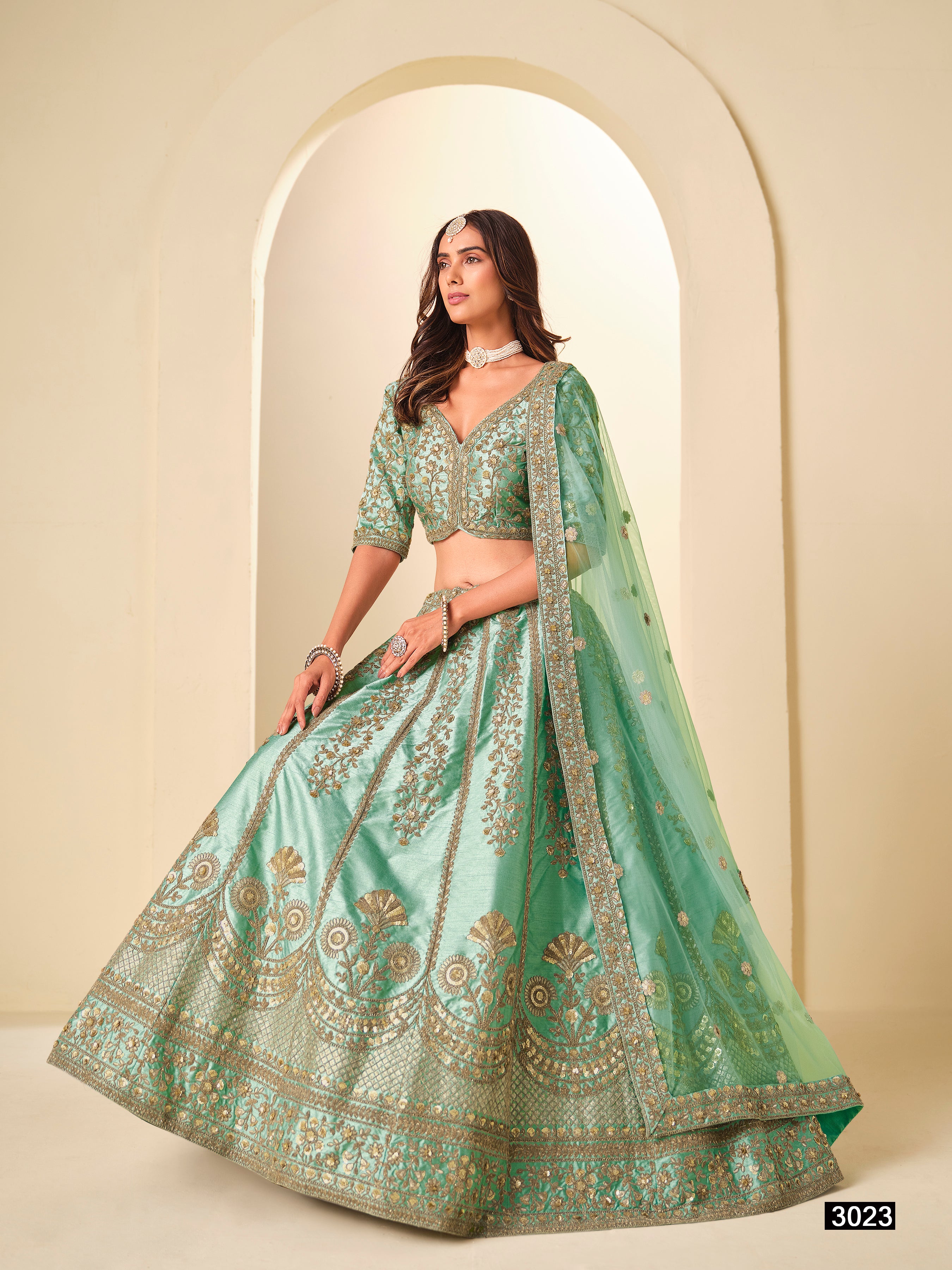 Green Pure Soft Art Silk Heavy Embroidery Work Bridal Lehenga