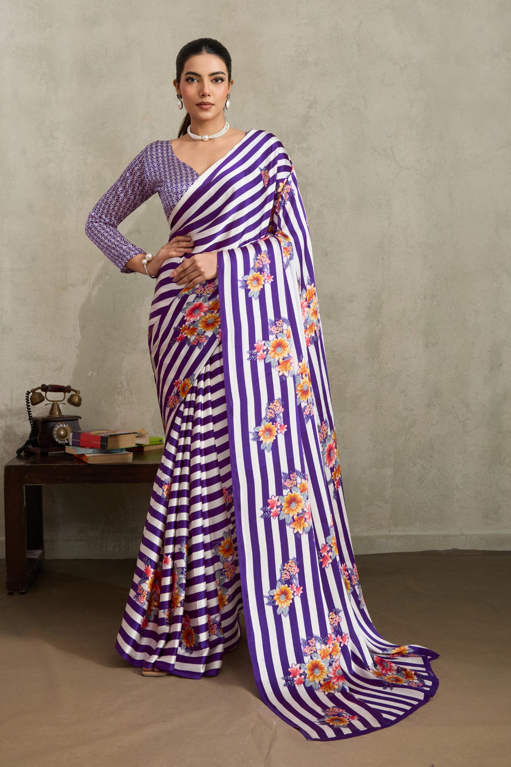 Purple Pure Soft Modal Satin Ajrakh Print Satin Saree Japan Satin Saree Anant Tex Exports Pvt.Ltd..