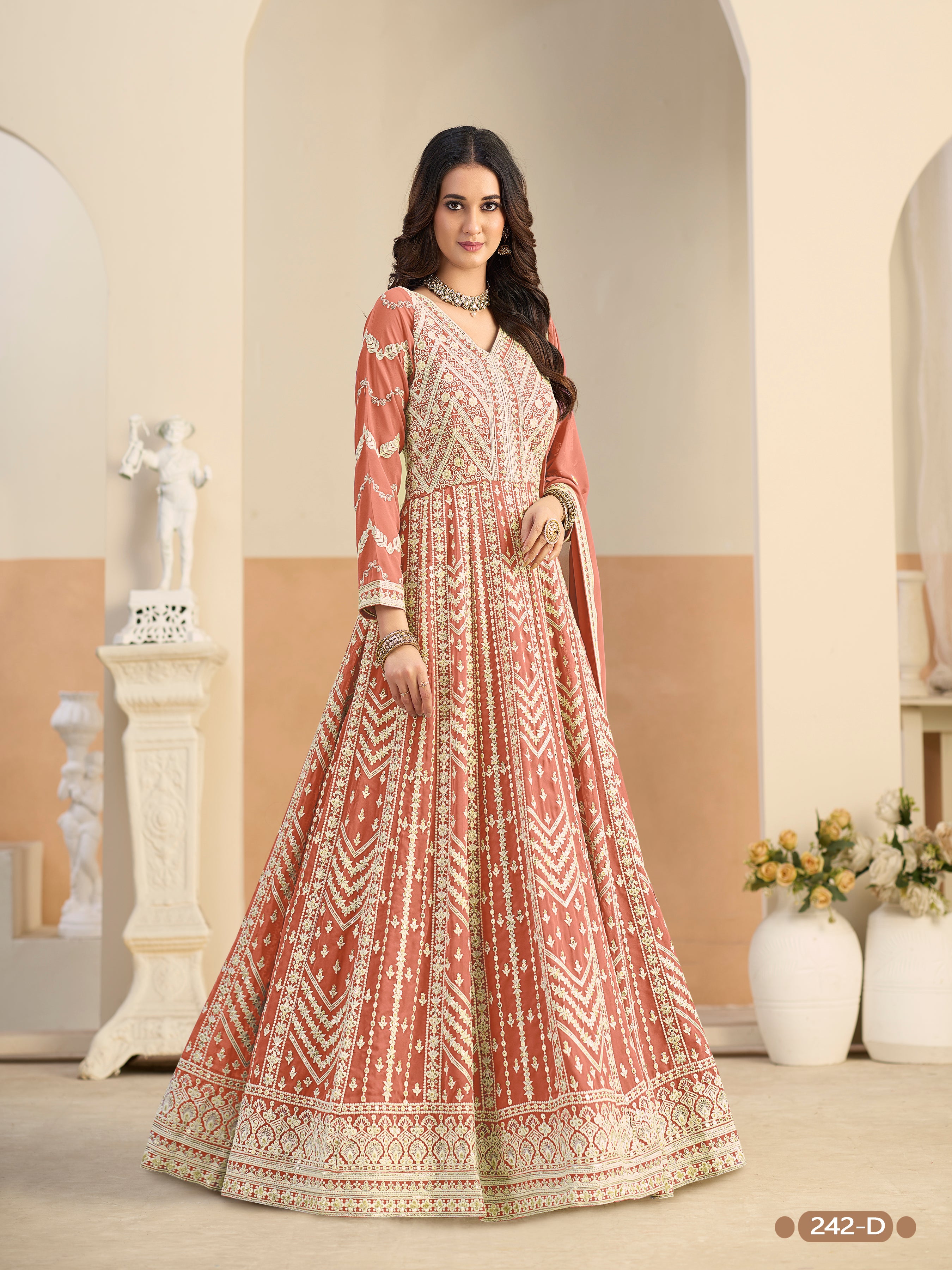 Rust Pure Soft Faux Georgette Heavy Embroidery Work Long Anarkali Gown