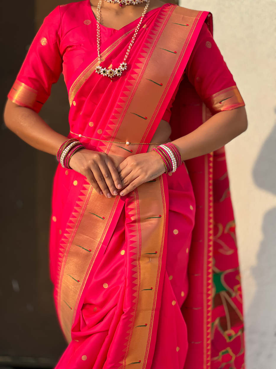 Pink Wedding Special Nauvari Paithani Soft Silk Saree