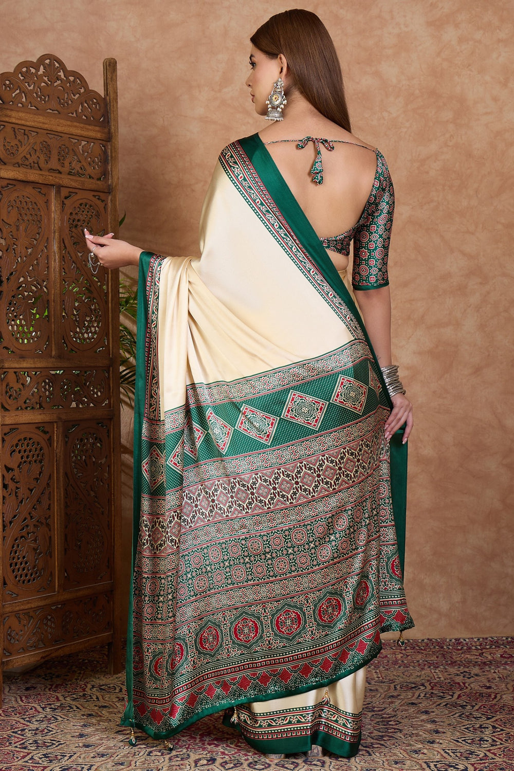 Cream and Green Pure Soft Modal Satin Ajrakh Print Satin Saree Japan Satin Saree Anant Tex Exports Pvt.Ltd..