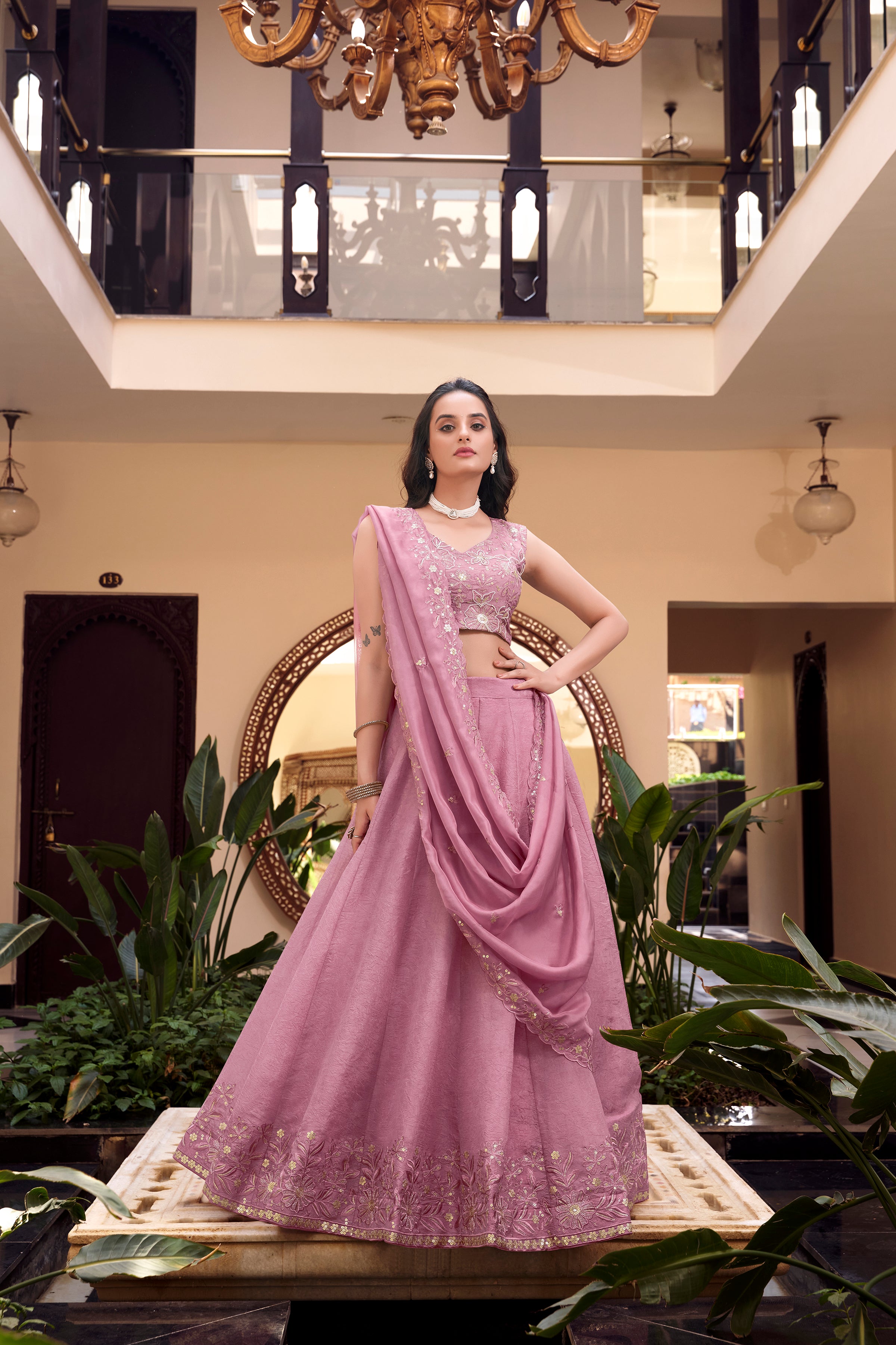 Pink Pure Crush Silk Sequins Thread Work Lehenga Choli