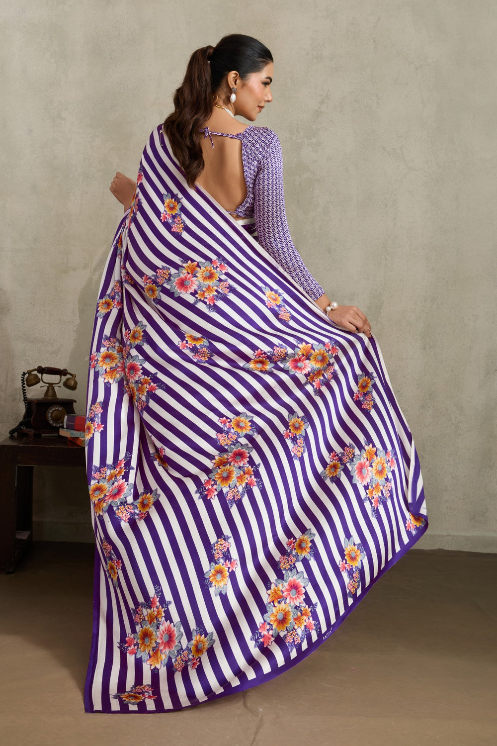 Purple Pure Soft Modal Satin Ajrakh Print Satin Saree Japan Satin Saree Anant Tex Exports Pvt.Ltd..