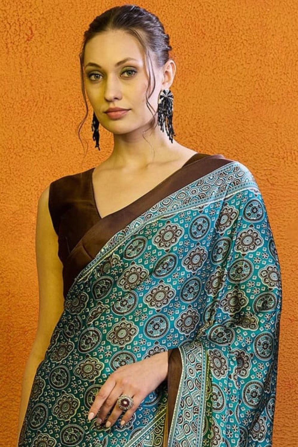 Ajrakh Print Japan Crape Saree