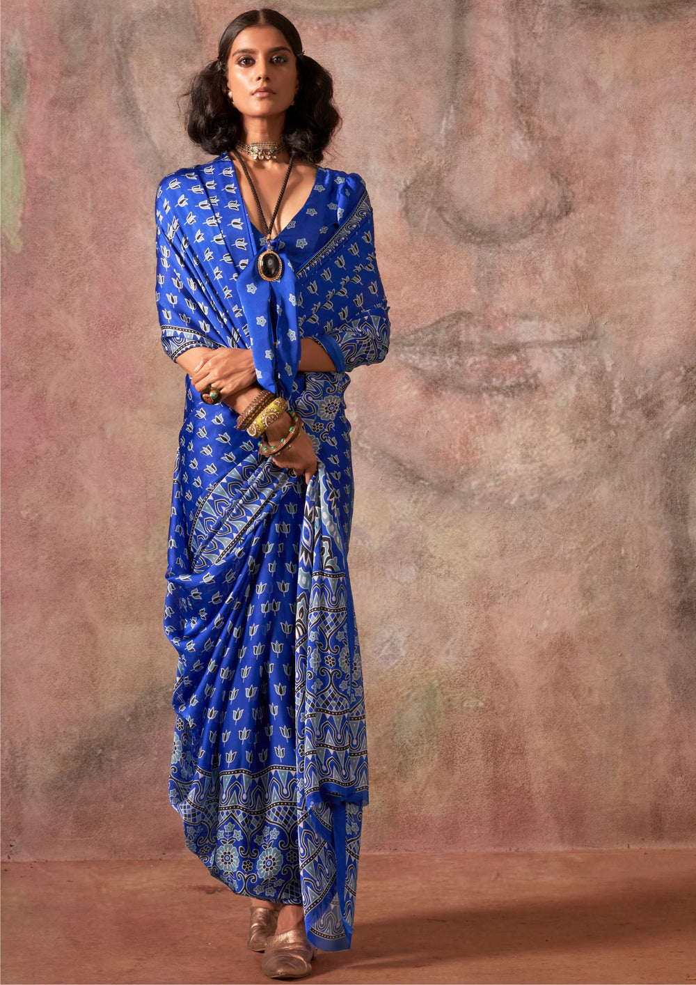 Blue Raisins Ajrakh Printed Satin Georgette Silk Saree