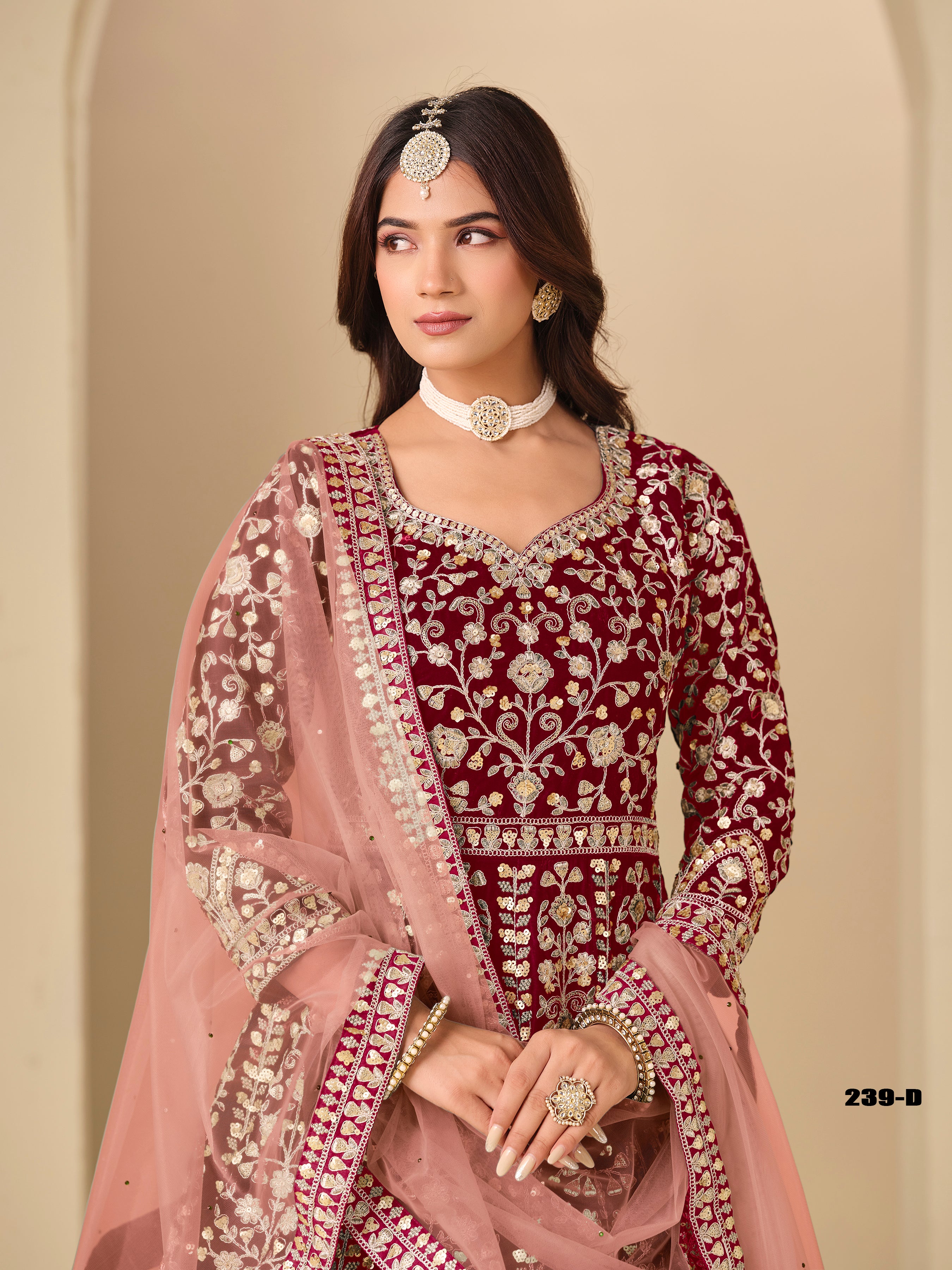 Red Pure Soft 9000 Velvet Heavy Embroidery Work Long Anarkali Gown
