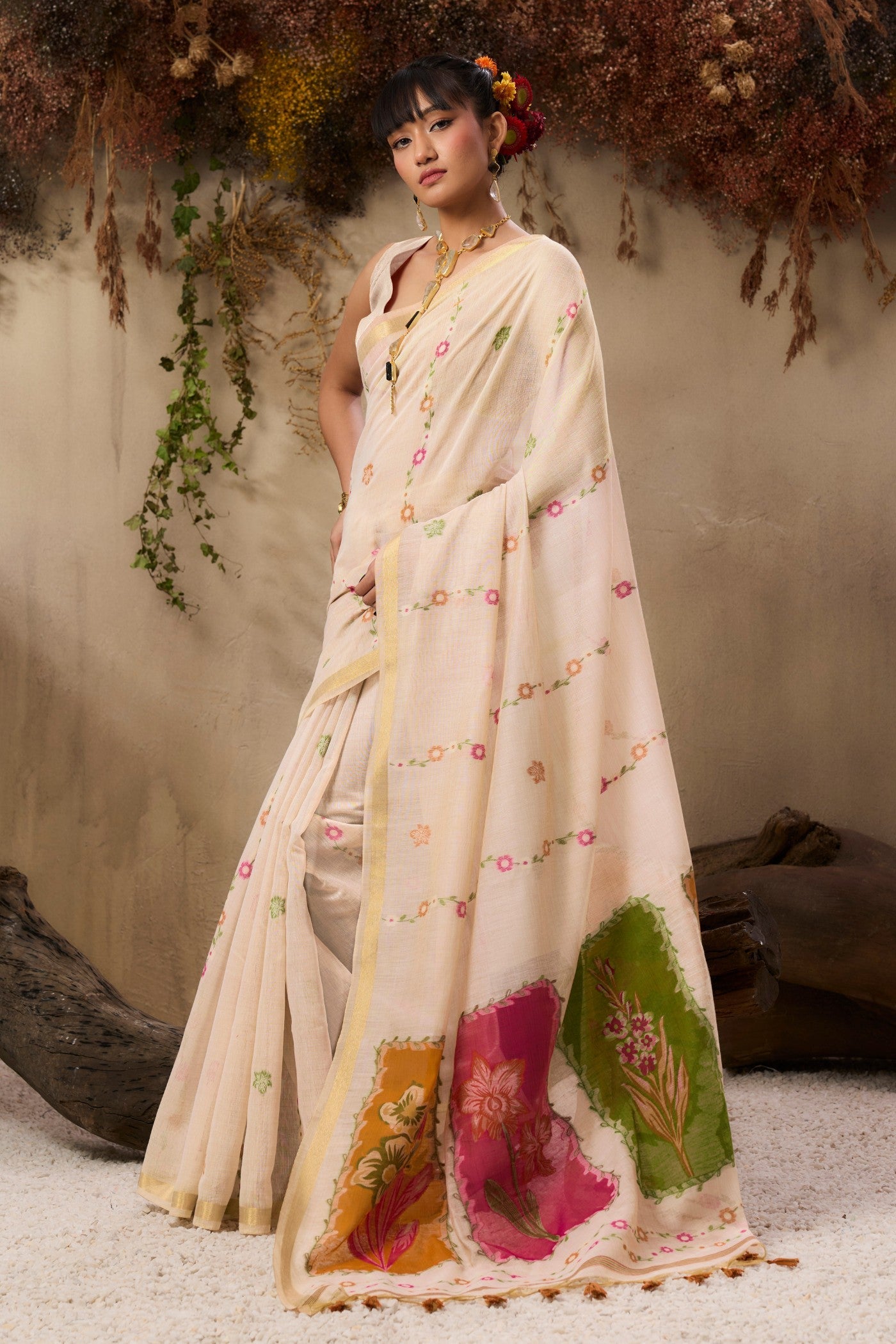 Coconut Cream Pure Soft Handloom Muga Cotton Saree