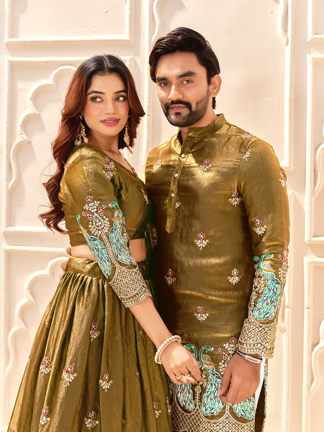 Mehandi Pure Soft Fendi Silk Matching Combo Couple Dress Anant Tex Exports Pvt.Ltd..