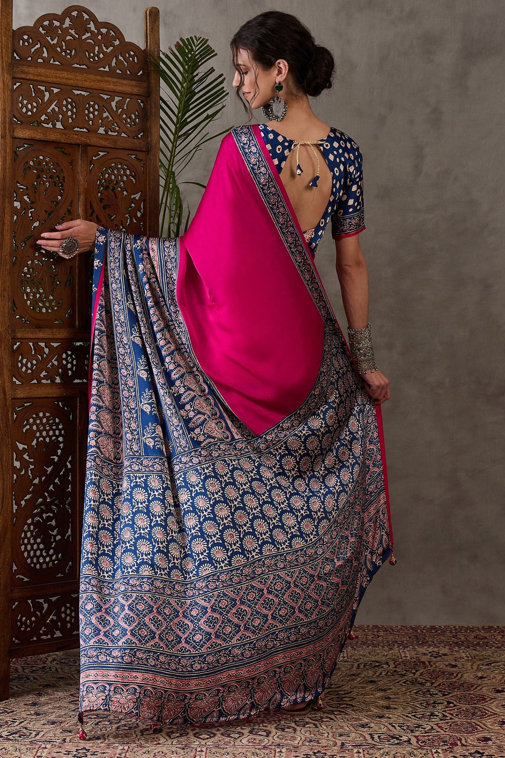 Magenta Pink Pure Soft Modal Satin Ajrakh Print Satin Saree Japan Satin Saree Anant Tex Exports Pvt.Ltd..