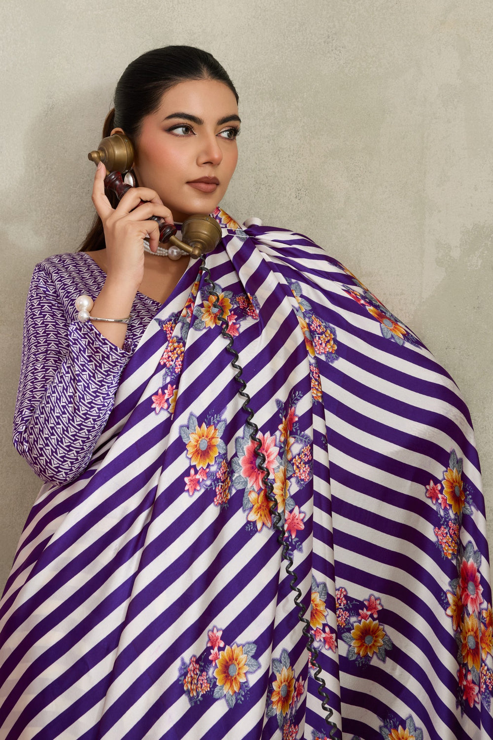 Purple Pure Soft Modal Satin Ajrakh Print Satin Saree Japan Satin Saree Anant Tex Exports Pvt.Ltd..