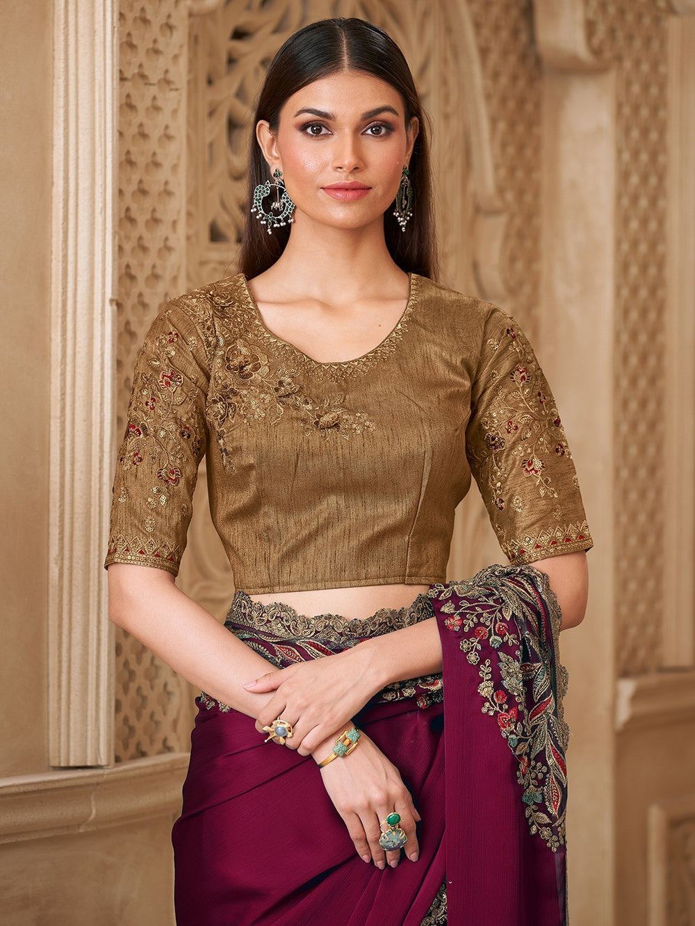 Magenta Pure Soft Satin Elegant Embroidered Work Satin Saree
