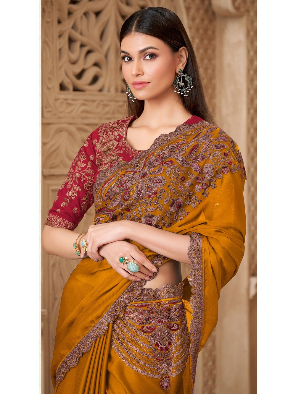 Mustard Pure Soft Satin Elegant Embroidered Work Satin Saree